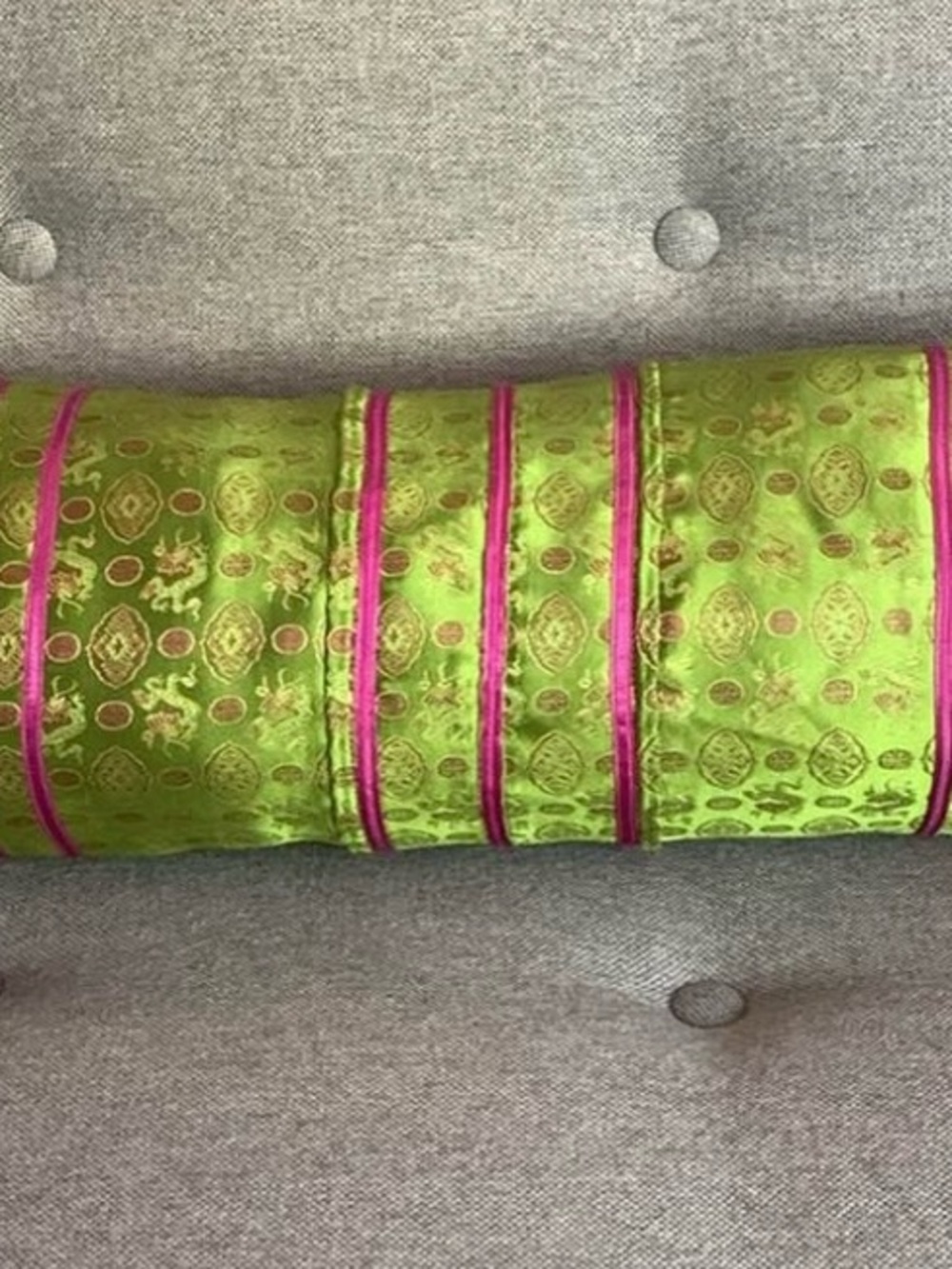 Silk Brocade Bolster Pillow - Lime Green with Pink Trim